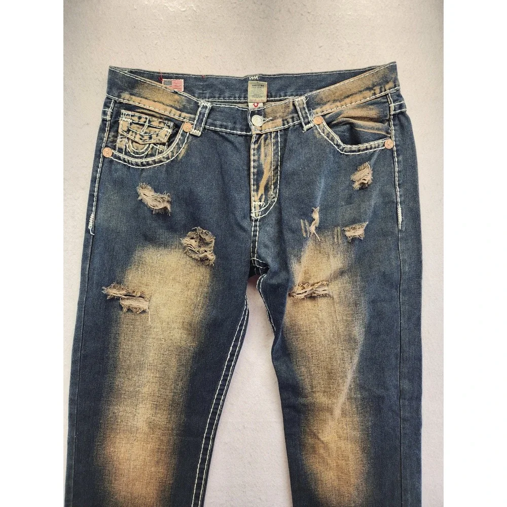 True Religion Joey Super T Distressed Bleach Wash Blue Denim Jeans 42